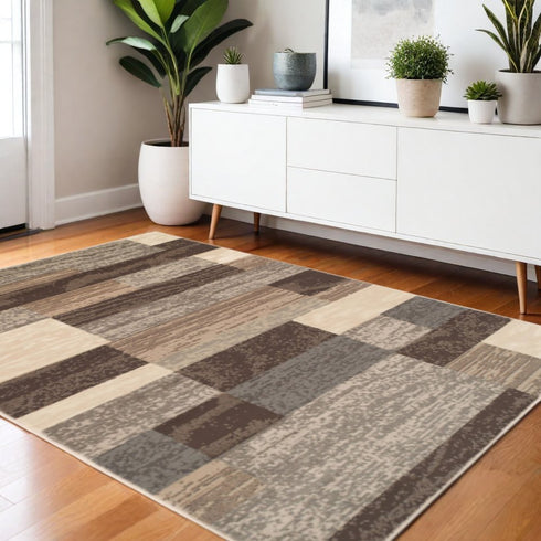 12' Beige Slate Gray And Brown Patchwork Runner Rug